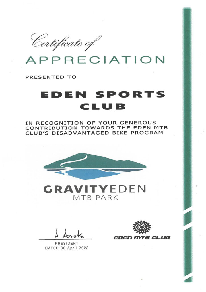 certificate of appreciation from Gravity Eden MTB Park
