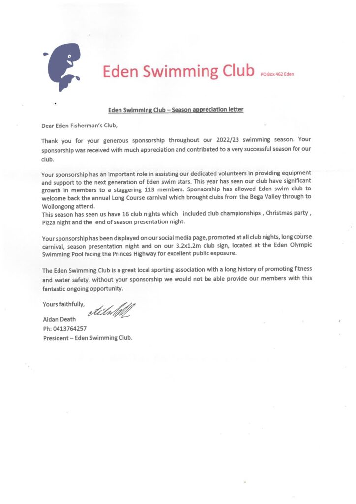letter of appreciation from Eden Swim Club