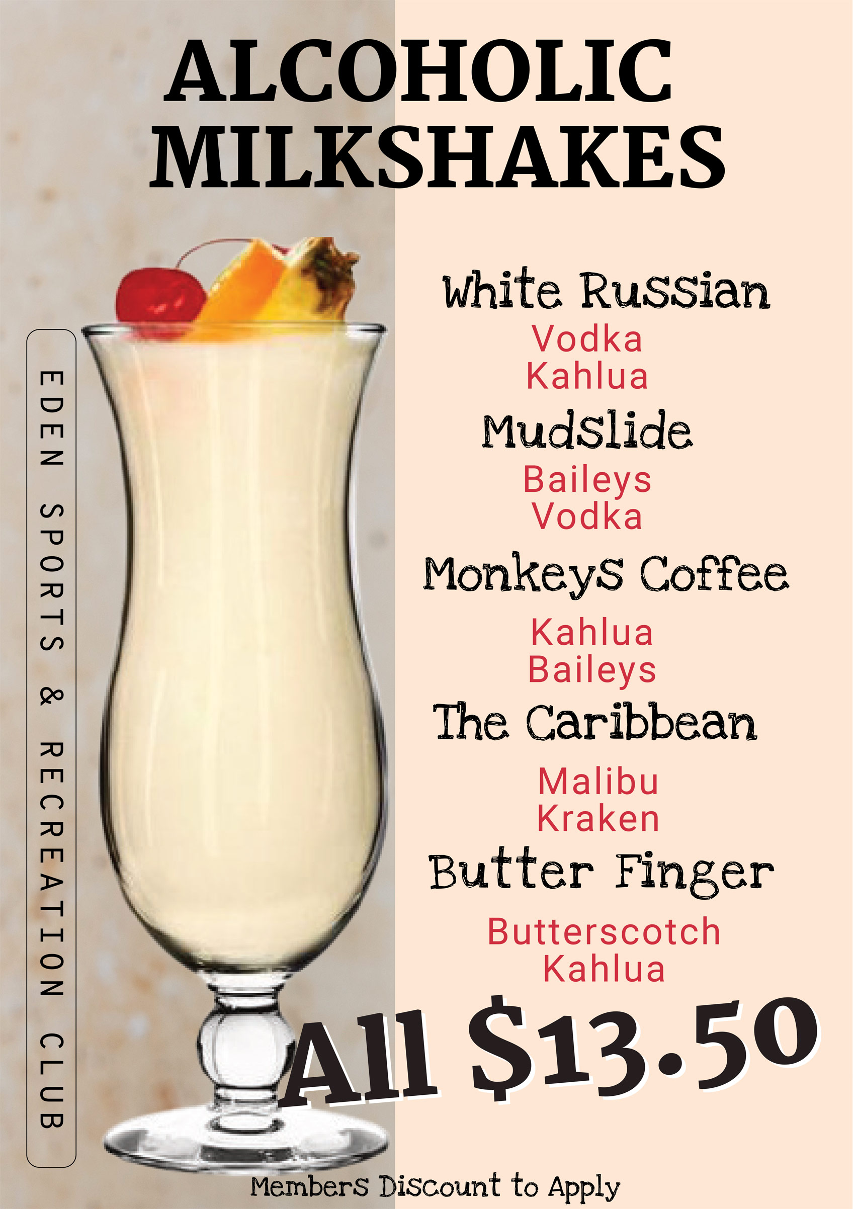 alcoholic milkshakes at eden sports rec club