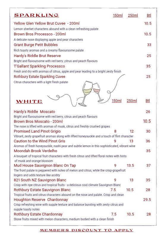 sparkling and white wine list - eden sports rec club