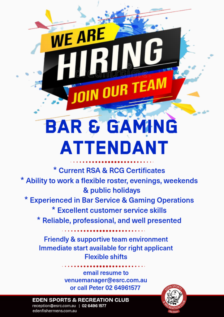 Eden Sports Rec Club - hiring - bar & gaming attendant